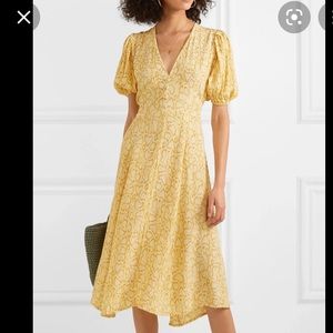 Faithfull the Brand Yellow V‑Neck Puff Sleeve Midi Dress